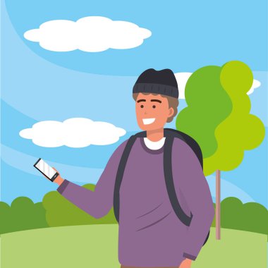 Bin yıllık öğrenci akıllı telefon açık havada kullanarak