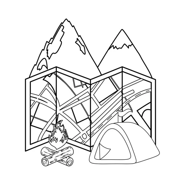 Camping tent met bergen en kampvuur — Stockvector