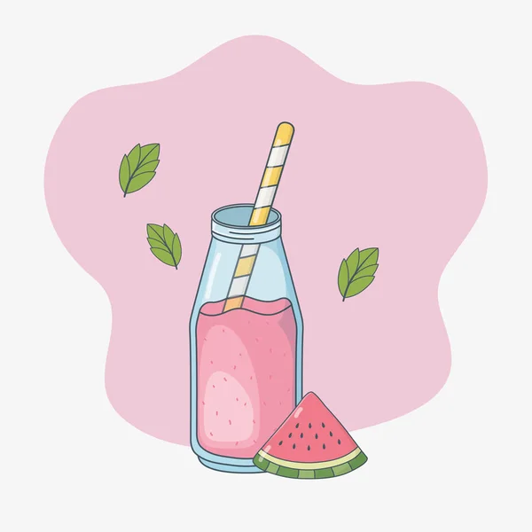 A palackban szalmával való görögdinnye-lé — Stock Vector
