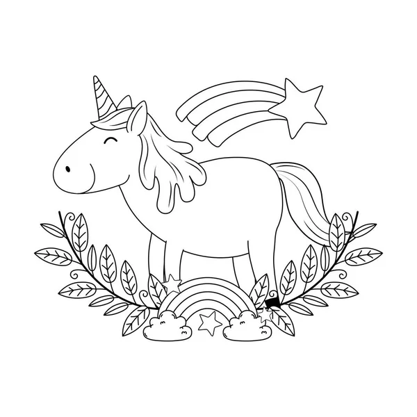 Lucu dongeng unicorn di karangan bunga dengan pelangi - Stok Vektor
