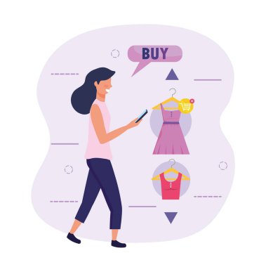 Akıllı telefon teknolojisi ve internetten alışveriş yapan bir kadın.