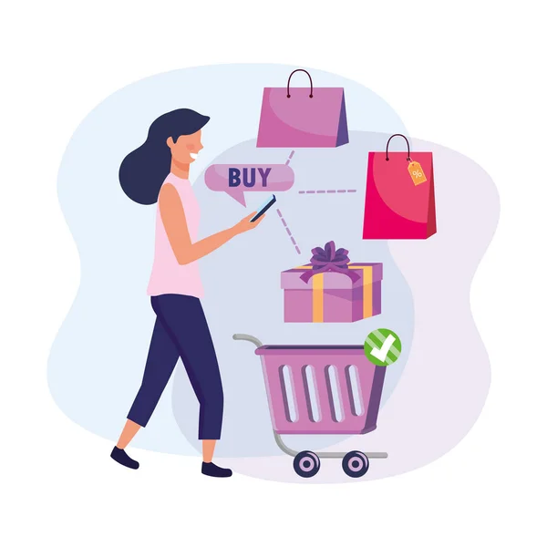 Mulher com carrinho de compras e ecommerce smartphone — Vetor de Stock