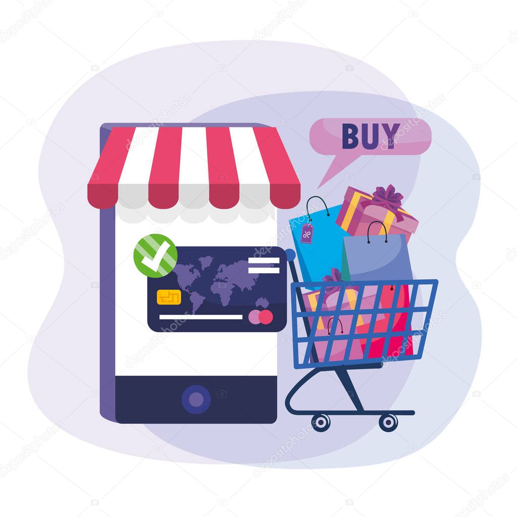smartphone technology with shopping cart online and credit card