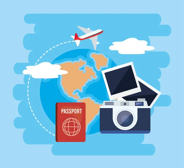 Mapa global con pasaporte y cámara con fotos — Vector de stock