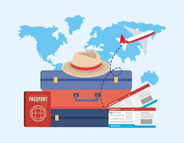 Equipaje de viaje con pasaporte y billetes con avión — Archivo Imágenes Vectoriales