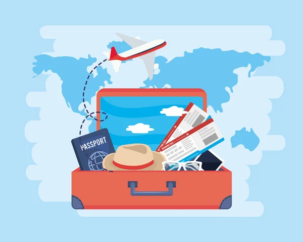 Avión y pasaporte con billetes dentro del equipaje de viaje — Vector de stock