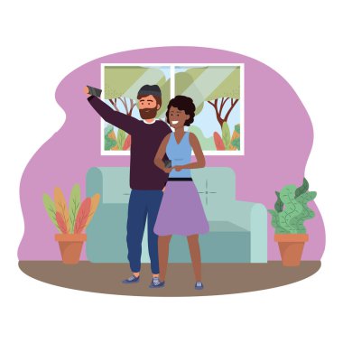 Bin yıllık çift akıllı telefon iç arka planda selfie alarak