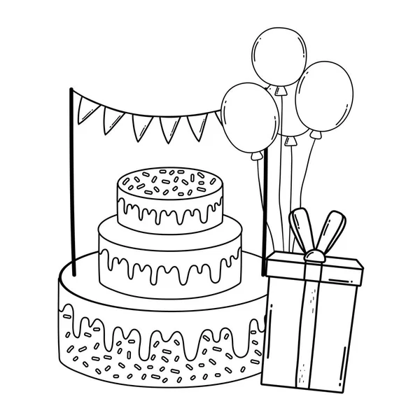 Праздник сладкий торт с подарками и воздушные шары гелий — стоковый вектор