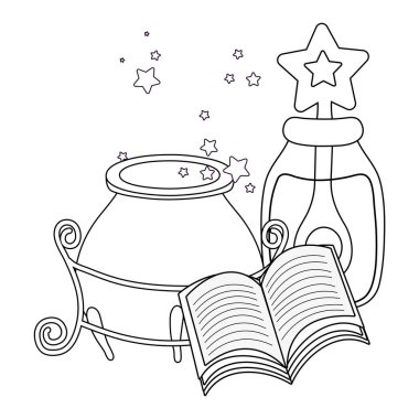 iksir şişe ve kitap ile sihirli cadı kazan