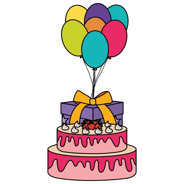 Confezione regalo con dolce torta ed elio palloncini galleggianti — Vettoriale Stock