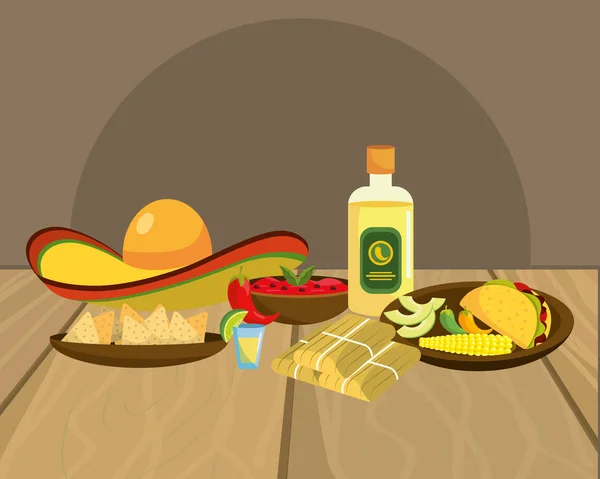 Läckra mexikansk mat tecknad på restaurang bord — Stock vektor