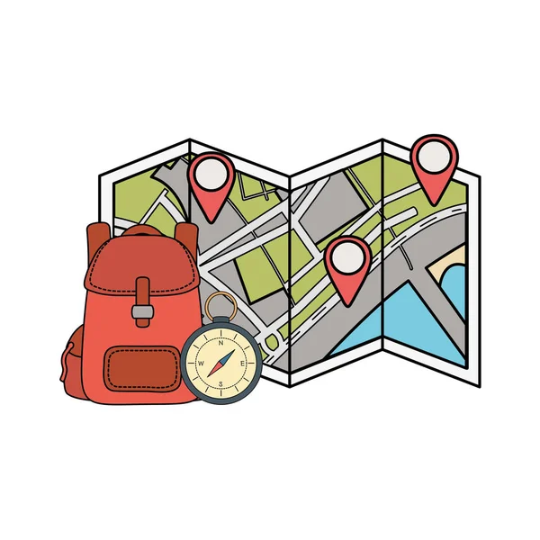Saco de viagem acampar com bússola e papel mapa — Vetor de Stock