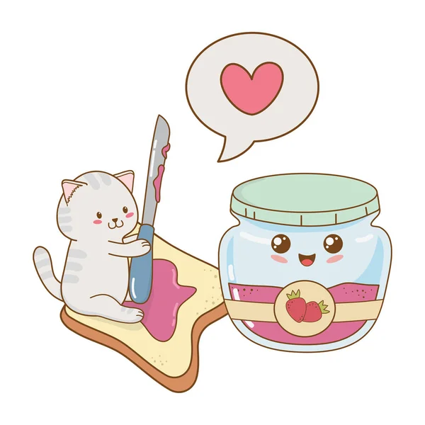 Lindo pequeño gato con fresa mermelada kawaii carácter — Vector de stock