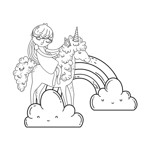 Petite licorne et princesse dans les nuages avec arc-en-ciel — Image vectorielle