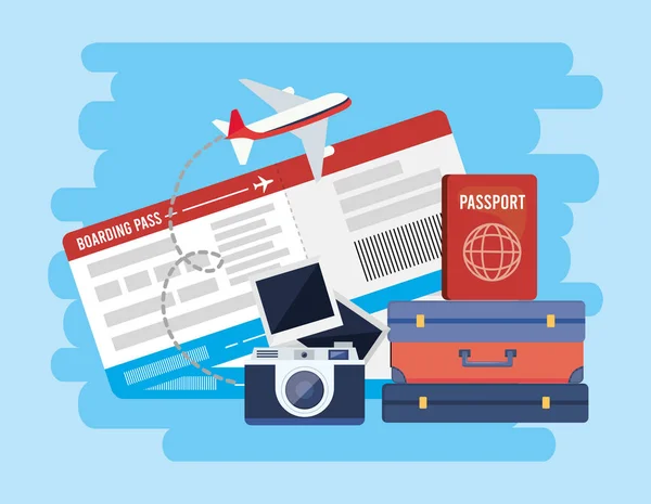 Bagages de voyage avec passeport et appareil photo avec photo — Image vectorielle