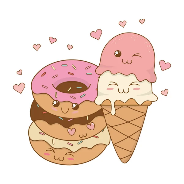 Heerlijke zoete donuts en ijs kawaii tekens — Stockvector