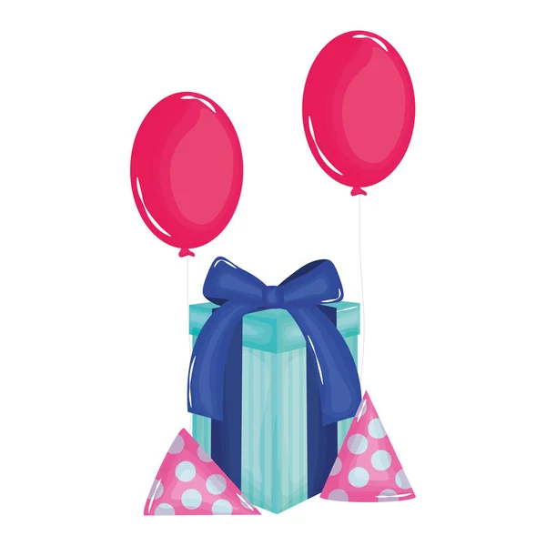Boîte cadeau avec chapeau de fête et ballons hélium flottant — Image vectorielle