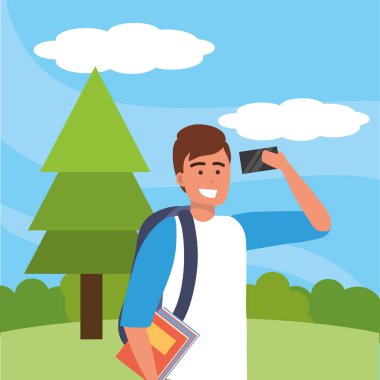 Bin yıllık öğrenci akıllı telefon açık havada kullanarak