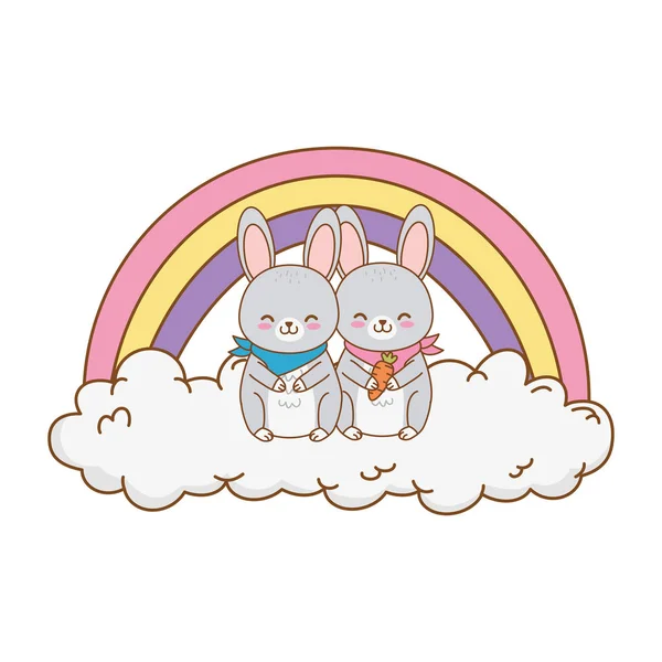 Cute rabbits in the clouds with rainbow woodland character — Stock Vector