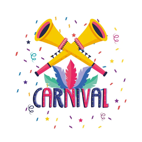 Trompeta y plumas para la celebración de la fiesta de carnaval — Vector de stock