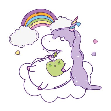 bulutlar ve gökkuşağı Kawaii ile sevimli Unicorn