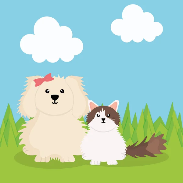 Lindo perrito y gato mascotas en el campo — Vector de stock