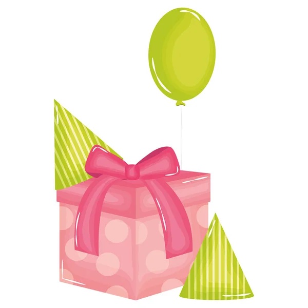 Geschenkbox mit Partyhut und Luftballons Helium schwimmend — Stockvektor