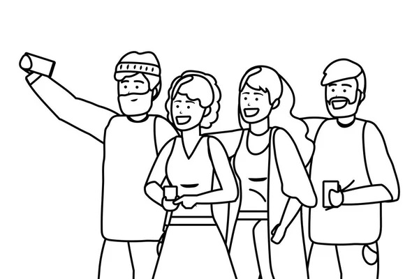 Millennial grupo tomando selfie preto e branco — Vetor de Stock
