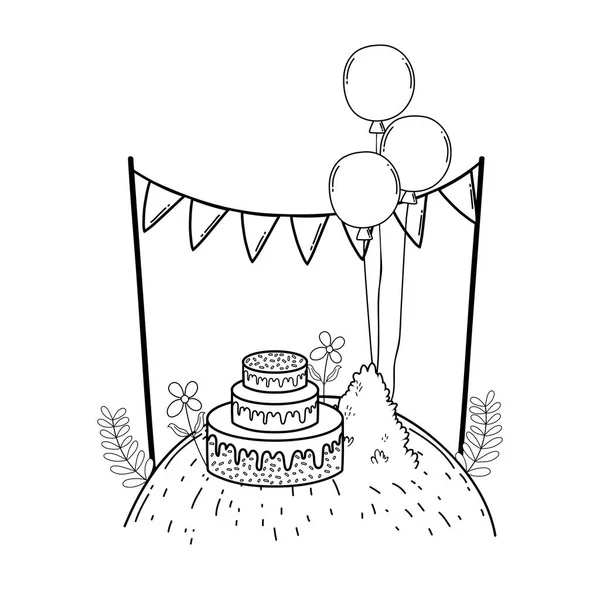 Красивый пейзаж с тортом партии и воздушные шары гелий — стоковый вектор
