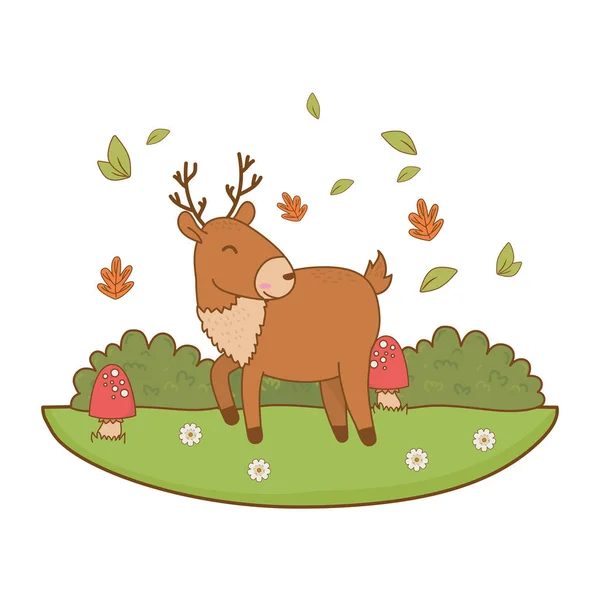 Cute reindeer in the field woodland character — Stock Vector