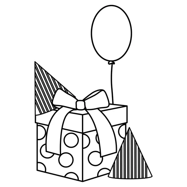 Caixa de presente com chapéu de festa e balões de hélio flutuante —  Vetores de Stock