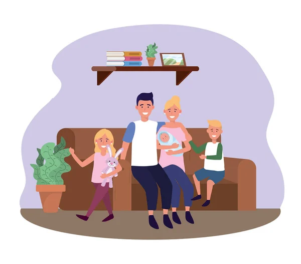 Homme et femme avec fille et fils dans le canapé — Image vectorielle