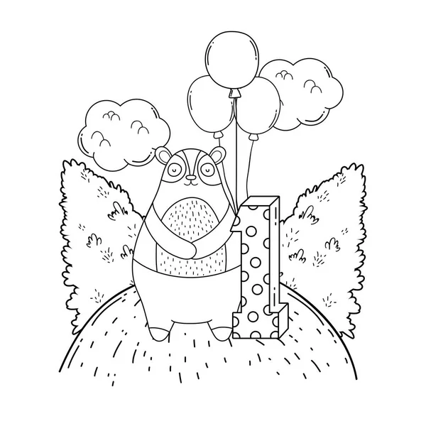 Ładny niedźwiedź z balonami helu w krajobrazie — Wektor stockowy