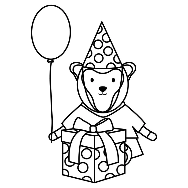 Mono lindo con helio globo y regalo en fiesta de cumpleaños — Vector de stock