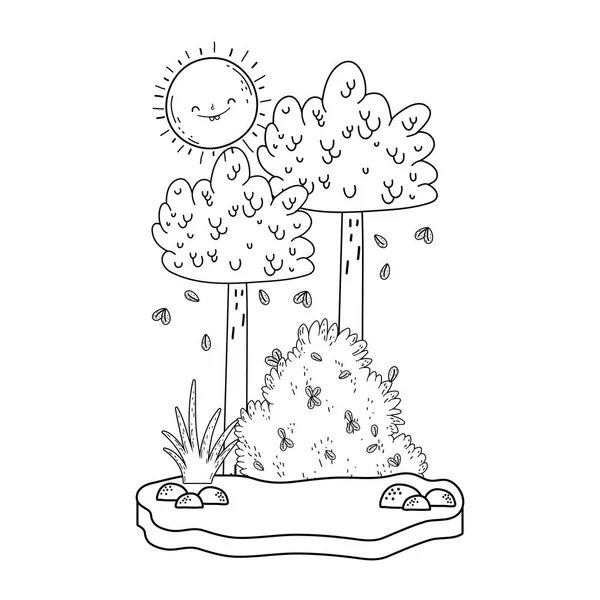 可愛い太陽と木と美しい風景 — ストックベクタ