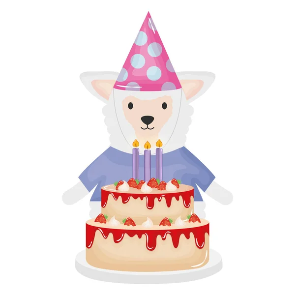 Cute sheep with sweet cake in birthday party — Stock Vector