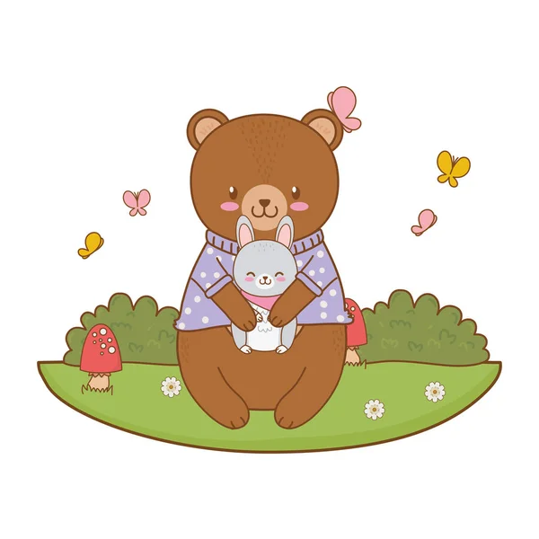 Cute bear and rabbit in the field woodland character — Stock Vector