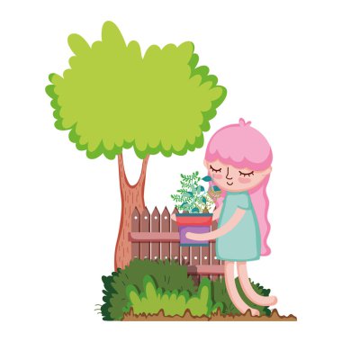küçük kız ağaç ve çit ile houseplant kaldırma