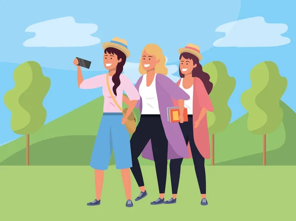 Millennial grupo tomando selfie naturaleza fondo — Vector de stock