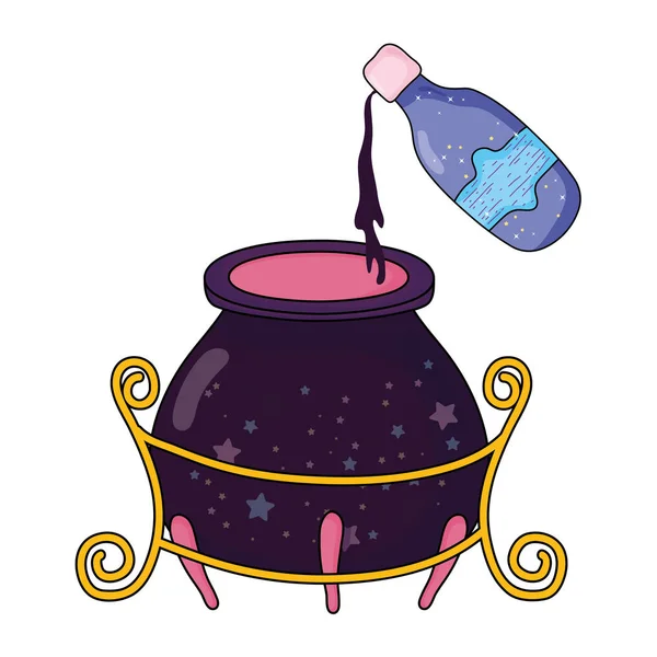 Caldero mágico de bruja con botella de poción — Vector de stock