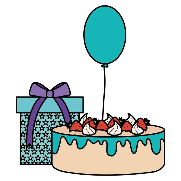 Caixa de presente com bolo doce e hélio balão flutuante — Vetor de Stock