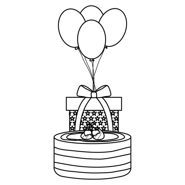 Gift Box met zoete cake en ballonnen helium drijvende — Stockvector