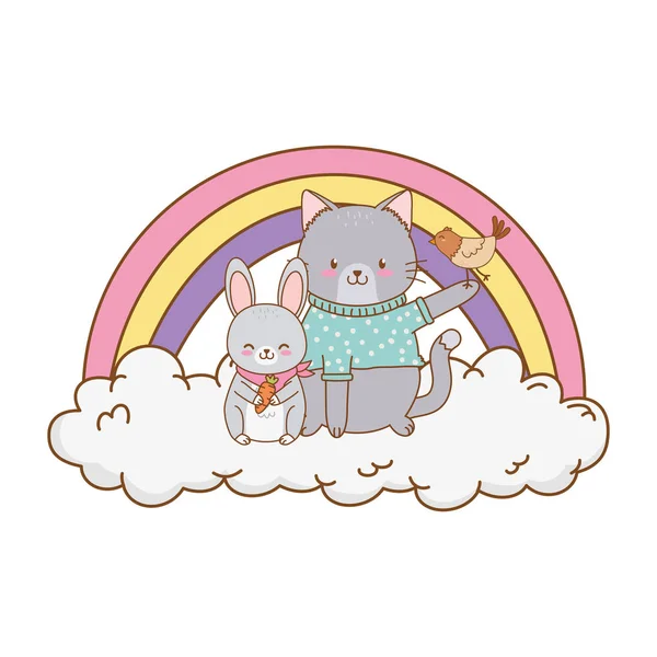 Cute cat in cloud with rainbow woodland character — Stock Vector