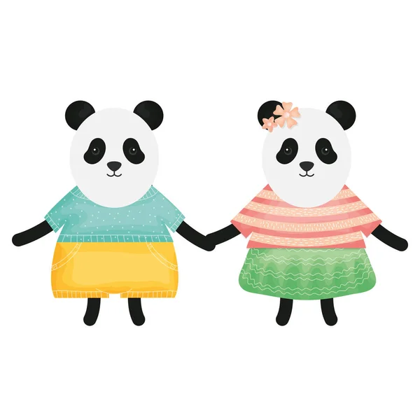 Cute bears pandas couple childish characters — Stock Vector