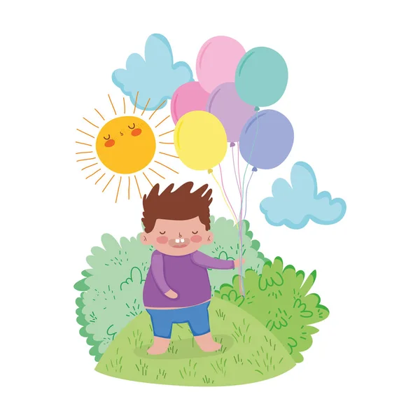 Pequeño gordito chico con globos helio en el paisaje — Vector de stock