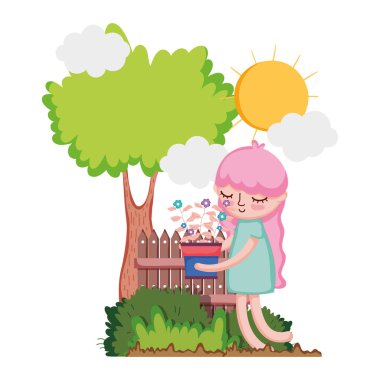 küçük kız ağaç ve çit ile houseplant kaldırma