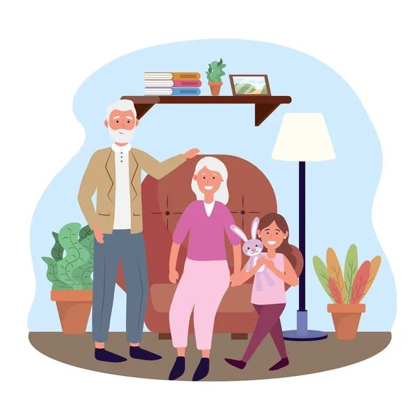 Vieille femme et homme avec fille et plantes — Image vectorielle