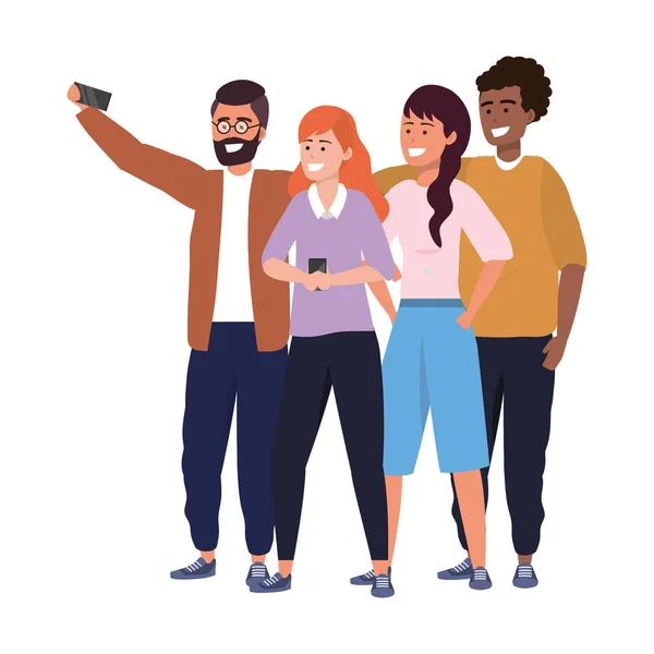 Millennial grupo diverso tomando selfie — Vector de stock