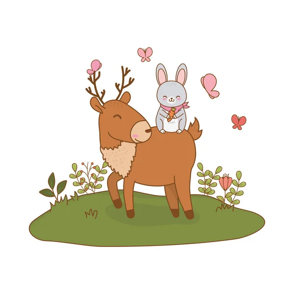 Cute rabbit and reindeer in the field woodland characters — Stock Vector