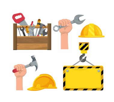 set inşaat kutusu aracı ve çekiç ile el